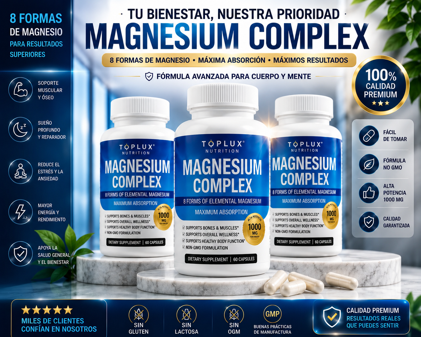 Magnesium Complex Huesos fuertes Músculos y Sueño Reparador 60 Cápsulas - 3 FRASCOS